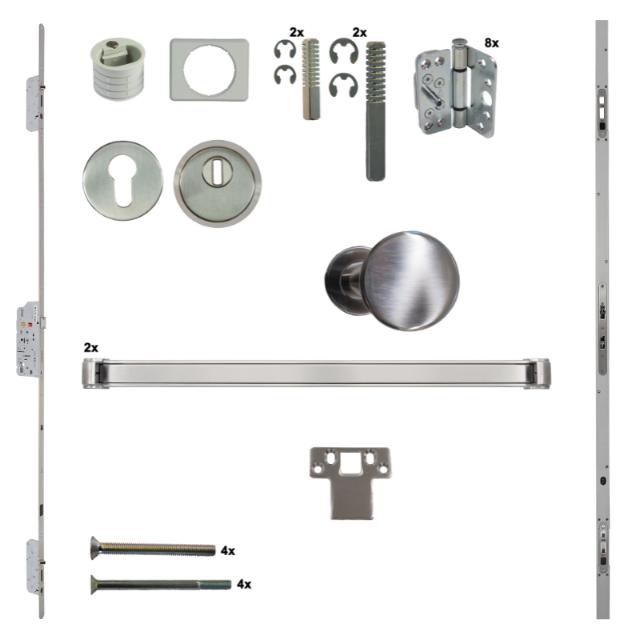 Antipaniek Inbouwset EN1125 | Dubbele Deur | Duwbalk/Duwbalk | RVS | Serie 010 Automatic | Deurhoogte 1950-3200mm