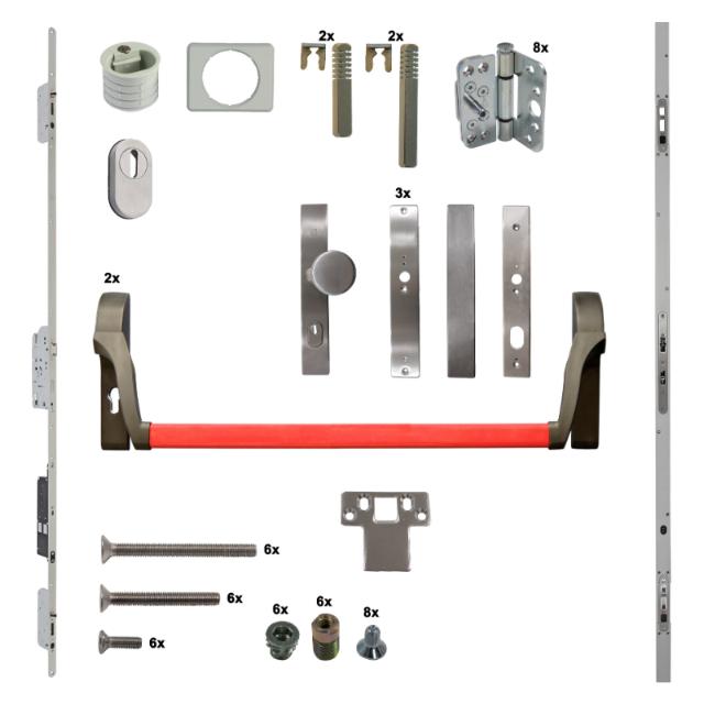 Antipaniek Inbouwset EN1125 | Dubbele Deur | Duwstang/Duwstang | Rood | Serie 012 Automotortronic | Zwart | Deurhoogte 1950-3200mm