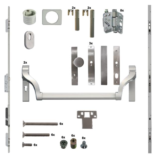 Antipaniek Inbouwset EN1125 | Dubbele Deur | Duwstang/Duwstang | RVS | Serie 012 Automotortronic | Deurhoogte 1950-3200mm