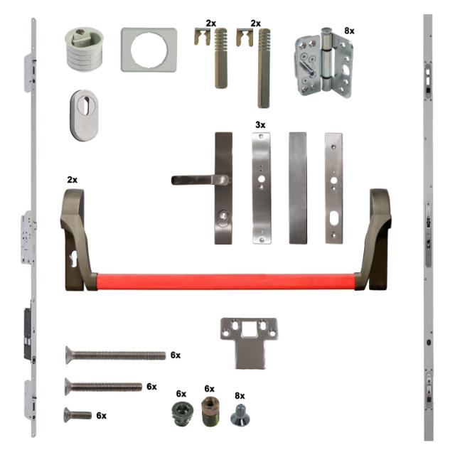 Antipaniek Inbouwset EN1125 | Dubbele Deur | Duwstang/Duwstang | Rood | Serie 012 Automotortronic | Zwart | Deurhoogte 1950-3200mm | Draairichting 4