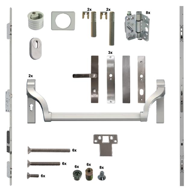 Antipaniek Inbouwset EN1125 | Dubbele Deur | Duwstang/Duwstang | RVS | Serie 012 Automotortronic | Deurhoogte 1950-3200mm | Draairichting 3