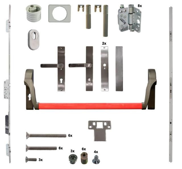 Antipaniek Inbouwset | Dubbele Deur | Duwstang/Kruk | Serie 012 Automotortronic | Rood | Deurhoogte 1950-3200mm | Draairichting 4