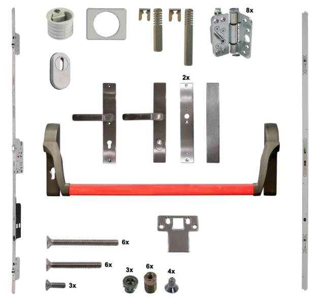 Antipaniek Inbouwset | Dubbele Deur | Duwstang/Kruk | Serie 012 Automotortronic | Rood | Deurhoogte 1950-3200mm | Draairichting 3