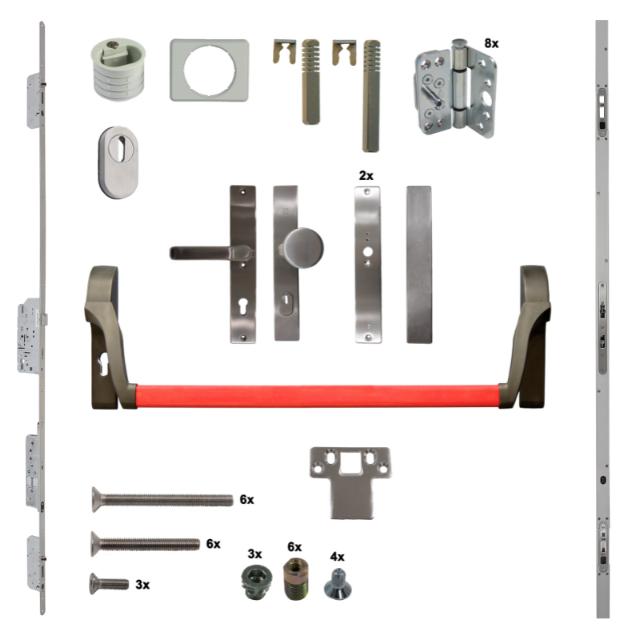 Antipaniek Inbouwset EN179 | Dubbele Deur | Duwstang/Kruk | Rood | Serie 012 Automotortronic | Deurhoogte 1950-3200mm