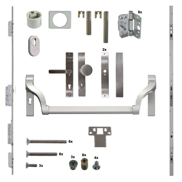 Antipaniek Inbouwset EN179 | Dubbele Deur | Duwstang/Kruk | RVS | Serie 012 Automotortronic | Deurhoogte 1950-3200mm