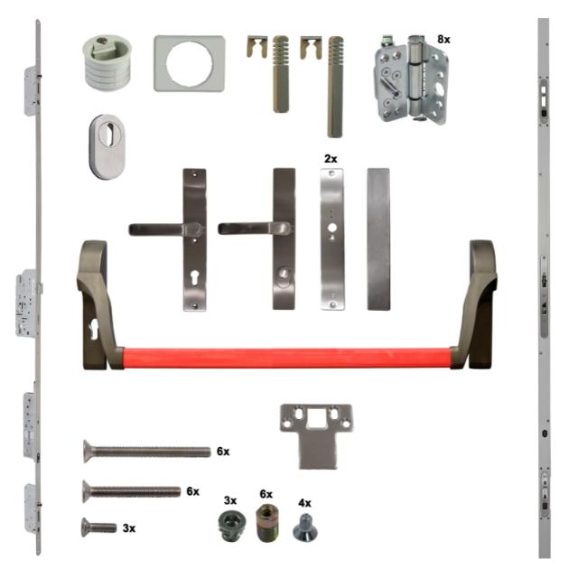 Antipaniek Inbouwset EN179 | Dubbele Deur | Duwstang/Kruk | Rood | Serie 012 Automotortronic | Zwart |  Deurhoogte 1950-3200mm | Draairichting 4