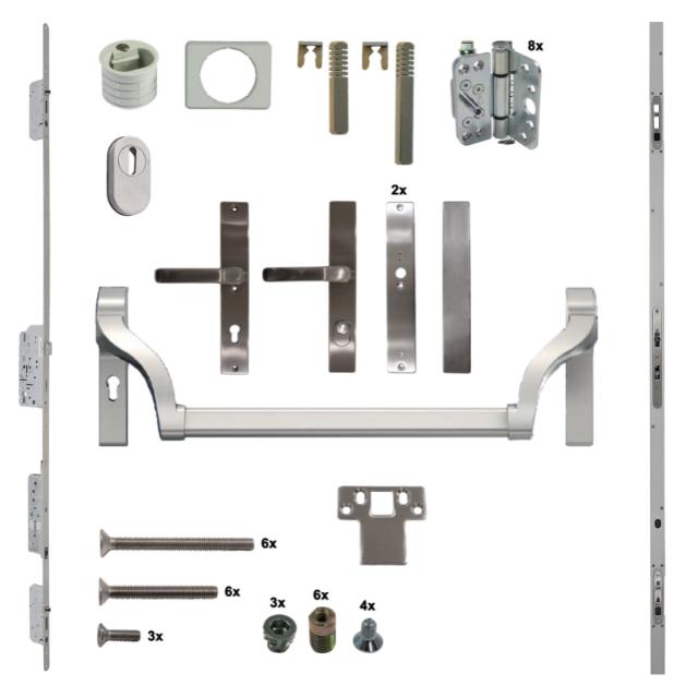 Antipaniek Inbouwset EN179 | Dubbele Deur | Duwstang/Kruk | RVS | Serie 012 Automotortronic | Deurhoogte 1950-3200mm | Draairichting 4